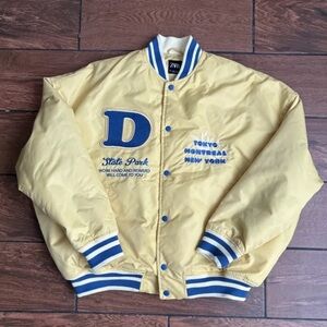 ZARA Man Bomber Varsity Jacket With Patches 6318/305 Yellow/Blue Size Small